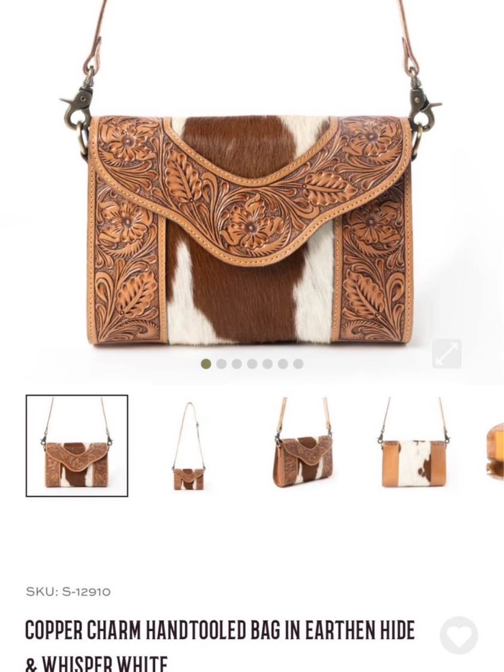 Myra Bag Copper-Brown & White Handtooled Leather Shoulder Bag